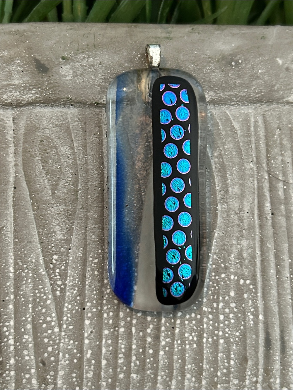 Dichroic glass pendant rectangle clear, Blue & Black dot design can be keychain